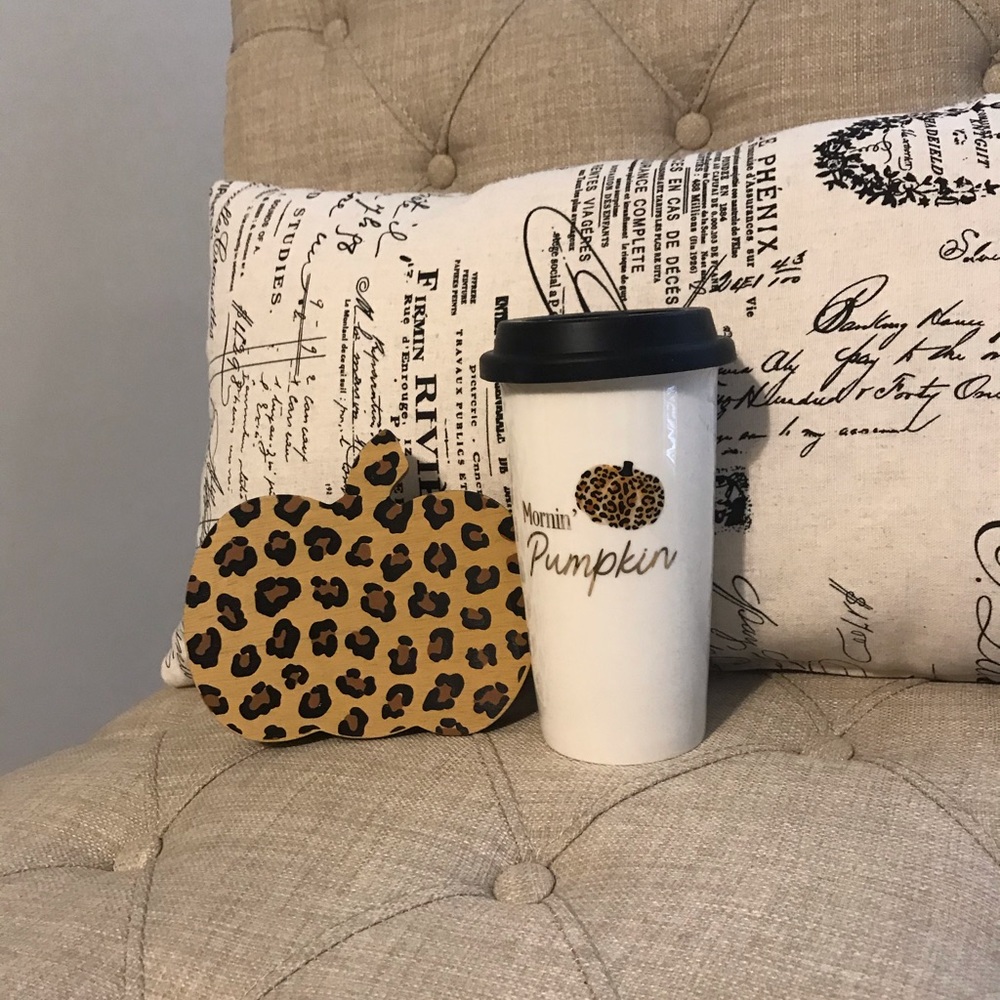 Fall travel coffee mug & pumpkin decor